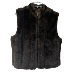 Faux Fur Vest Brown Preston York Full Zip Womens Size M Classic Mock Neck Lined